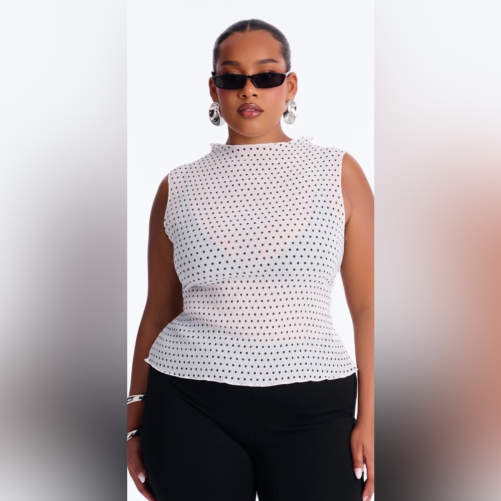 Fashion Nova White Sleeveless High-Neck Polka Dot Top